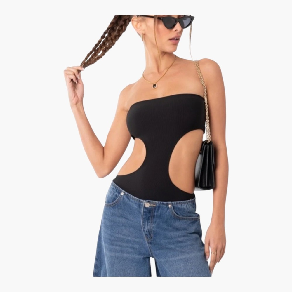 Edikted Bodysuit Ribbed Cut Out Strapless Black Women Size M